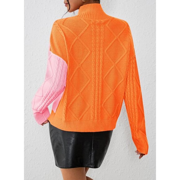 Women's Colorblock Cable Knit Jumper Long Sleeve Mock Neck Casual Top - Picture 6 of 8